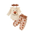 thumbnail image 1 of Cjfdfy Newborn Baby Girl Thanksgiving Fall Outfit Turkey Long Sleeve Romper Print Pants and Bow Headband 3pcs Infant Cute My First Thanksgiving Fall Winter Outfits 0-18M, 1 of 9