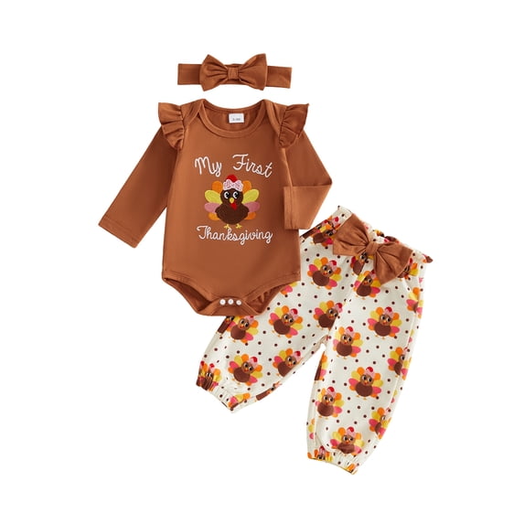 Cjfdfy Newborn Baby Girl Thanksgiving Fall Outfit Turkey Long Sleeve Romper Print Pants and Bow Headband 3pcs Infant Cute My First Thanksgiving Fall Winter Outfits 0-18M