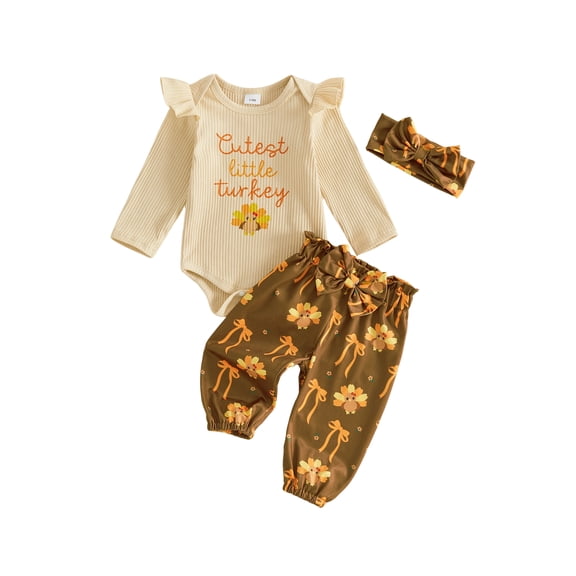 Cjfdfy Newborn Baby Girl Thanksgiving Fall Outfit Turkey Ribbed Long Sleeve Romper Print Pants and Bow Headband 3pcs Infant Cute My First Thanksgiving Fall Winter Outfits 0-18M