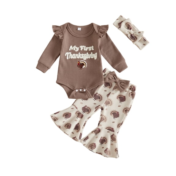 Cjfdfy Newborn Baby Girl Thanksgiving Outfit Applique Long Sleeve Ribbed Romper Turkey Print Flare Pants Bow Headband 3pcs Little Baby Cute My First Thanksgiving Outfit 0-18m 