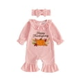 thumbnail image 1 of Cjfdfy Newborn Baby Girl Thanksgiving Outfit Happy Thanksgiving Pumpkin Embroidery Long Sleeve Ribbed Romper And Headband Infant Cute My First Thanksgiving Fall Winter Clothes 0-9M, 1 of 9