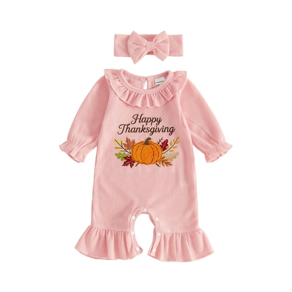 Cjfdfy Newborn Baby Girl Thanksgiving Outfit Happy Thanksgiving Pumpkin Embroidery Long Sleeve Ribbed Romper And Headband Infant Cute My First Thanksgiving Fall Winter Clothes 0-9M