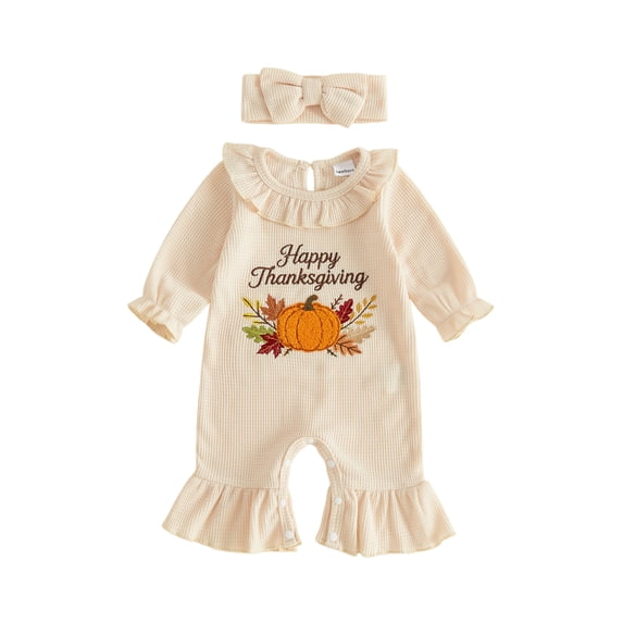Cjfdfy Newborn Baby Girl Thanksgiving Outfit Happy Thanksgiving Pumpkin Embroidery Long Sleeve Ribbed Romper And Headband Infant Cute My First Thanksgiving Fall Winter Clothes 0-9M