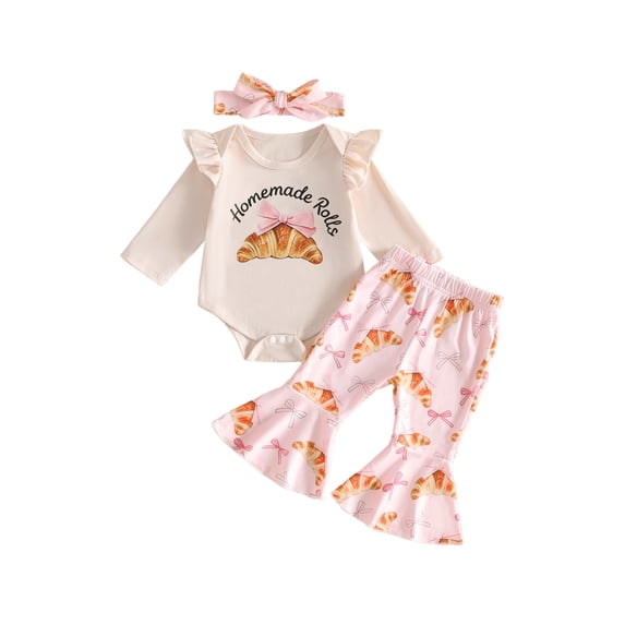 Cjfdfy Newborn Baby Girl Thanksgiving Outfit Print Long Sleeve Romper Flare Pants And Headband Three-piece Set Funny Homemade Rolls Fall Winter Clothes