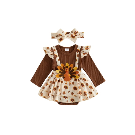 Cjfdfy Newborn Baby Girl Thanksgiving Outfit Turkey Embroidery Long Sleeve Knit Romper Dress And Headband Infant Cute My First Thanksgiving Fall Winter 0-18M