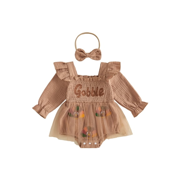 Cjfdfy Newborn Baby Girl Thanksgiving Outfit Turkey Or Homemade Rolls Long Sleeve Smocked Romper Dress Headband Infant Cute My First Thanksgiving Fall Winter Clothes 0-18M