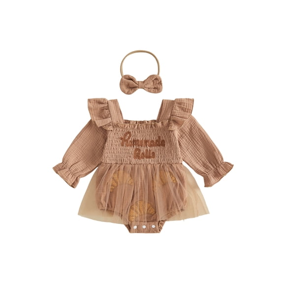 Cjfdfy Newborn Baby Girl Thanksgiving Outfit Turkey Or Homemade Rolls Long Sleeve Smocked Romper Dress Headband Infant Cute My First Thanksgiving Fall Winter Clothes 0-18M