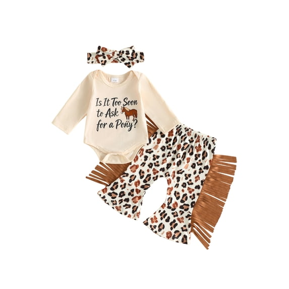 Cjfdfy Newborn Baby Girl Western Fall Clothes Is It Too Soon To Ask For A Pony Print Long Sleeve Romper Tassel Flare Pants Bow Headband Infant Cute Western Cowgirl Fall Winter Outfit
