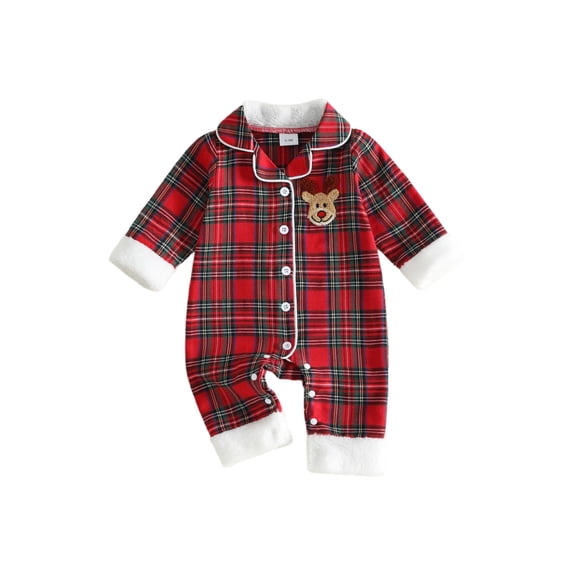Cjfdfy Newborn Baby Girls Boy Christmas Fall Clothes Santa Claus Reindeer Embroidery Plaid Pajamas Lapel Button Up Fuzzy Trim Long Sleeve Jumpsuit Infant Christmas Fall Winter Romper