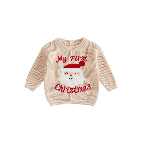 Cjfdfy Newborn Baby Girls Boy Christmas Sweater Santa Claus Embroider Long Sleeve Knit Warm Winter Pullover Infant Cute My First Christmas Holiday Fall Winter Outfit 0-12M 