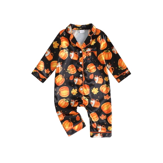 Cjfdfy Newborn Baby Girls Boy Halloween Satin Pajamas Romper Pumpkin Leaf Printed Long Sleeve Jumpsuit Infant Cute Halloween Holiday Fall Winter Sleepwear