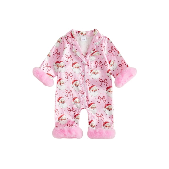 Cjfdfy Newborn Baby Girls Boy Satin Christmas Pajamas Clothes Santa Bow Print Long Sleeve Fuzzy Trim Button Jumpsuit Cute My First Christmas Fall Winter Sleepwear 0-18M