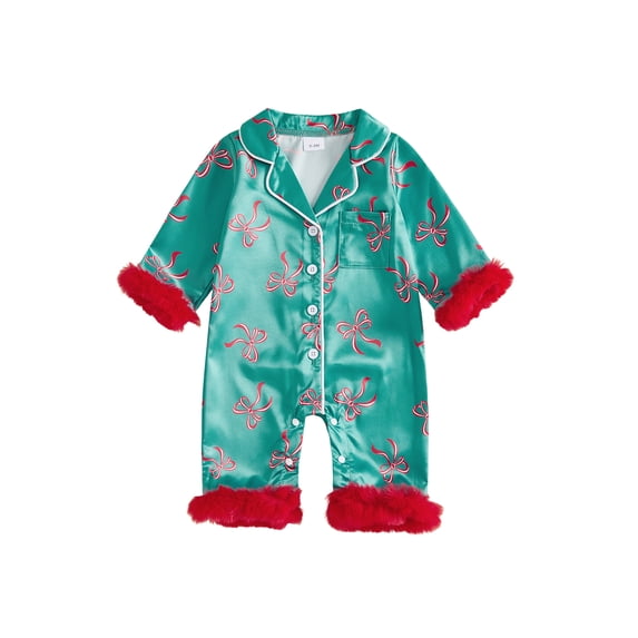 Cjfdfy Newborn Baby Girls Boy Satin Christmas Pajamas Clothes Santa Bow Print Long Sleeve Fuzzy Trim Button Jumpsuit Cute My First Christmas Fall Winter Sleepwear 0-18M