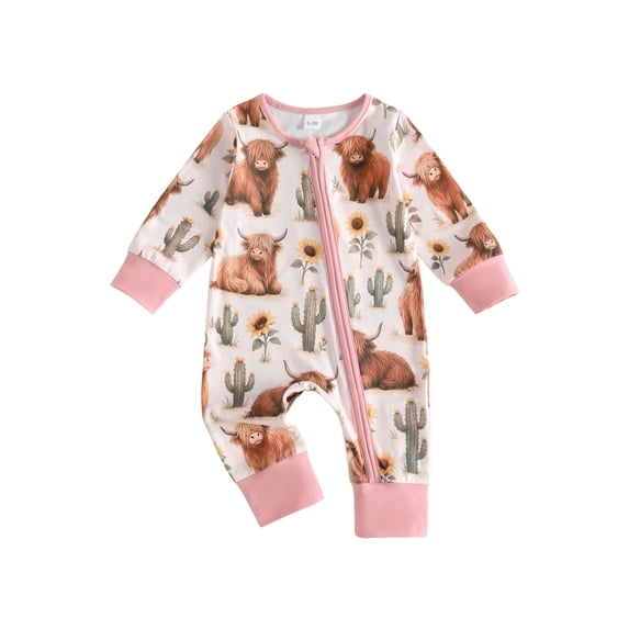 Cjfdfy Newborn Baby Girls Boy Western Cowgirl Outfit Cow Cactus Printed Long Sleeve Zip-up Romper Cute Farm Animal Outfit Infant Cute Coming Home Fall Winter Clothes 0-18M