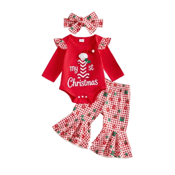 Cjfdfy Newborn Baby Girls Christmas Outfit My 1St Christmas Letter Print Romper With Plaid Pants Headband Three-piece Set Cute Christmas Fall Winter Clothes