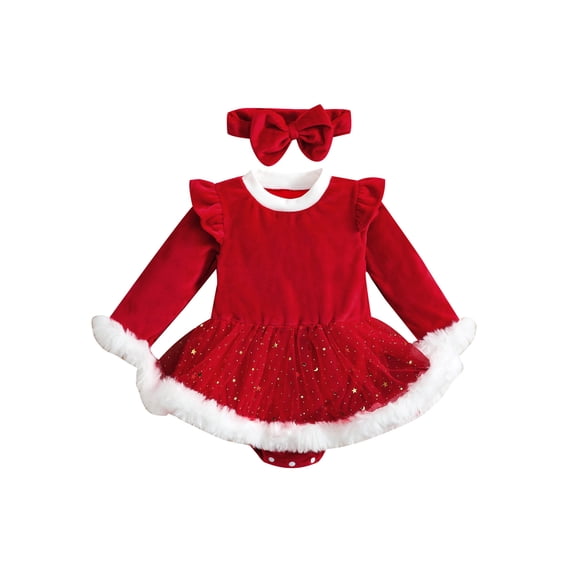 Cjfdfy Newborn Baby Girls Christmas Outfit Red Rompers Dress Infant Baby Santa Claus Costume Patchwork Sequins Stars Moon Tulle Dress Puff Long Sleeve Bodysuits Tutu Dress with Headband
