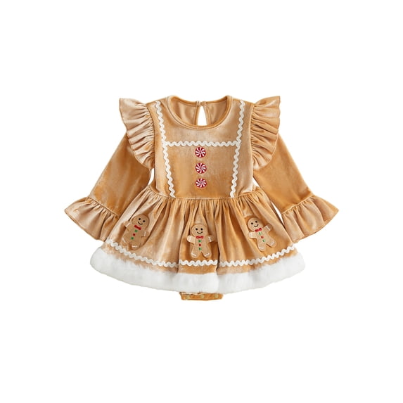 Cjfdfy Newborn Baby Girls Christmas Outfit Romper Dress Santa Claus Gingerbread Man Embroidery Long Sleeve Velvet Bodysuit With Headband Christmas Holiday Outfit 0-18M