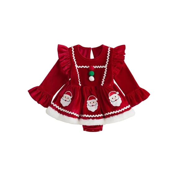 Cjfdfy Newborn Baby Girls Christmas Outfit Romper Dress Santa Claus Gingerbread Man Embroidery Long Sleeve Velvet Bodysuit With Headband Christmas Holiday Outfit 0-18M