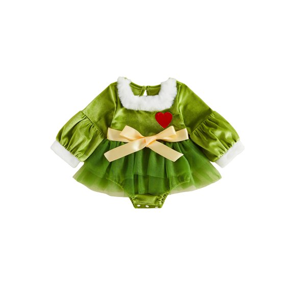 Cjfdfy Newborn Baby Girls Christmas Outfit Tulle Romper Dress Red Heart Long Sleeve Velvet Fuzzy Trim Jumpsuit With Belt Cute My First Christmas Fall Winter Holiday Outfit 0-18 Months