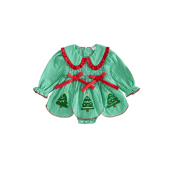 Cjfdfy Newborn Baby Girls Christmas Romper Gingham Long Sleeve Doll Collar Bubble Smocked Romper Dress Infant Cute My First Christmas Fall Winter Outfits 0-18M 