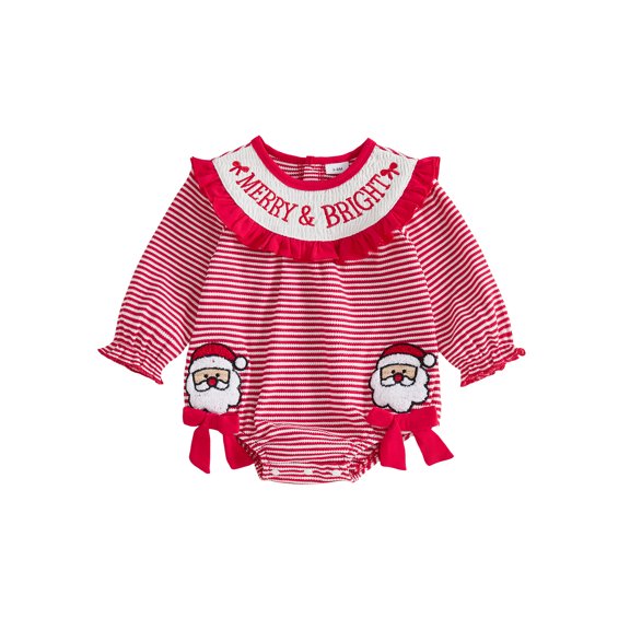 Cjfdfy Newborn Baby Girls Christmas Romper Outfit Santa Embroidery Striped Smocked Bubble Long Sleeves Bows Bodysuit Cute My First Christmas Holiday Fall Winter Outfit 0-18M 