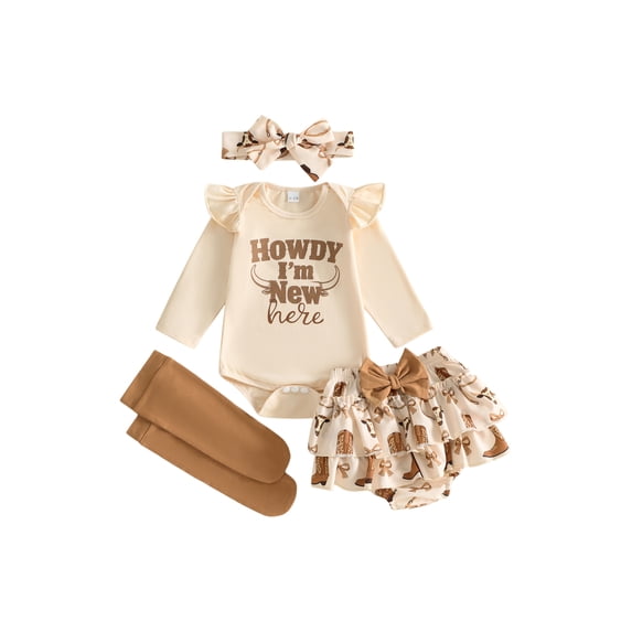 Cjfdfy Newborn Baby Girls Fall Outfit Howdy I'm New Here Cowgirl Style Ruffle Romper Skort Headband And Socks Set Cute Infant Coming Home Fall Winter Outfit 0-18 Monthes