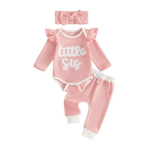 Cjfdfy Newborn Baby Girls Fall Outfit Long Sleeve Little Sister Letter Embroidery Romper Pants Headband 3-piece Set Infant Baby Girl Ruffle Long Sleeve Ribbed Fall Winter Clothes