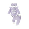 thumbnail image 1 of Cjfdfy  Newborn Baby Girls Fall Outfit Long Sleeve Little Sister Letter Embroidery Striped Romper And Pants Headband 3-piece Set Infant Baby Girl Ruffle Ribbed Fall Winter Clothes, 1 of 9