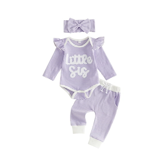 Cjfdfy Newborn Baby Girls Fall Outfit Long Sleeve Little Sister Letter Embroidery Striped Romper And Pants Headband 3-piece Set Infant Baby Girl Ruffle Ribbed Fall Winter Clothes