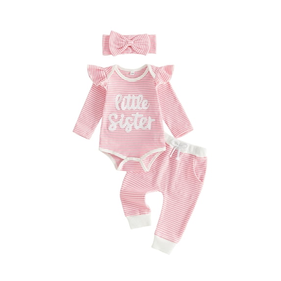 Cjfdfy Newborn Baby Girls Fall Outfit Long Sleeve Little Sister Letter Embroidery Striped Romper And Pants Headband 3-piece Set Infant Baby Girl Ruffle Ribbed Fall Winter Clothes