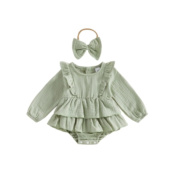 Cjfdfy Newborn Baby Girls Fall Romper Clothes Solid Ruffled Long Sleeve Bubble Dress Bodysuit And Bow Headband Infant Cute Jumpsuit Fall Winter Outfit 0-18 Months