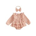 thumbnail image 1 of Cjfdfy Newborn Baby Girls Fall Romper Clothes Solid Ruffled Long Sleeve Bubble Dress Bodysuit And Bow Headband Infant Cute Jumpsuit Fall Winter Outfit 0-18 Months, 1 of 9