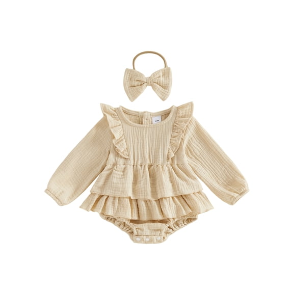 Cjfdfy Newborn Baby Girls Fall Romper Clothes Solid Ruffled Long Sleeve Bubble Dress Bodysuit And Bow Headband Infant Cute Jumpsuit Fall Winter Outfit 0-18 Months