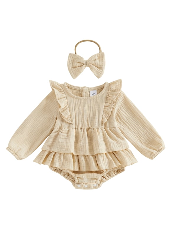 Newborn Baby Girls Fall Romper Clothes Solid Ruffled Long Sleeve Bubble Dress Bodysuit And Bow Headband Infant Cute Jumpsuit Fall Winter Outfit 0-18 Months
