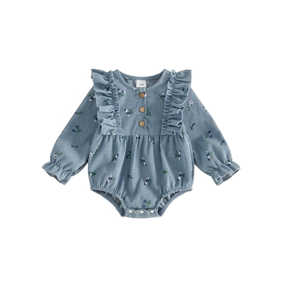 Cjfdfy Newborn Baby Girls Fall Romper Floral Ruffles Long Sleeve Henley Neck Corduroy Bubble Bodysuit Infant Sweet Baby Girl Set Cute Coming Home Fall Winter Outfit 0-18M