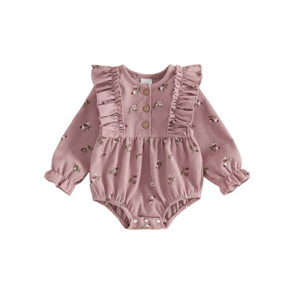 Cjfdfy Newborn Baby Girls Fall Romper Floral Ruffles Long Sleeve Henley Neck Corduroy Bubble Bodysuit Infant Sweet Baby Girl Set Cute Coming Home Fall Winter Outfit 0-18M