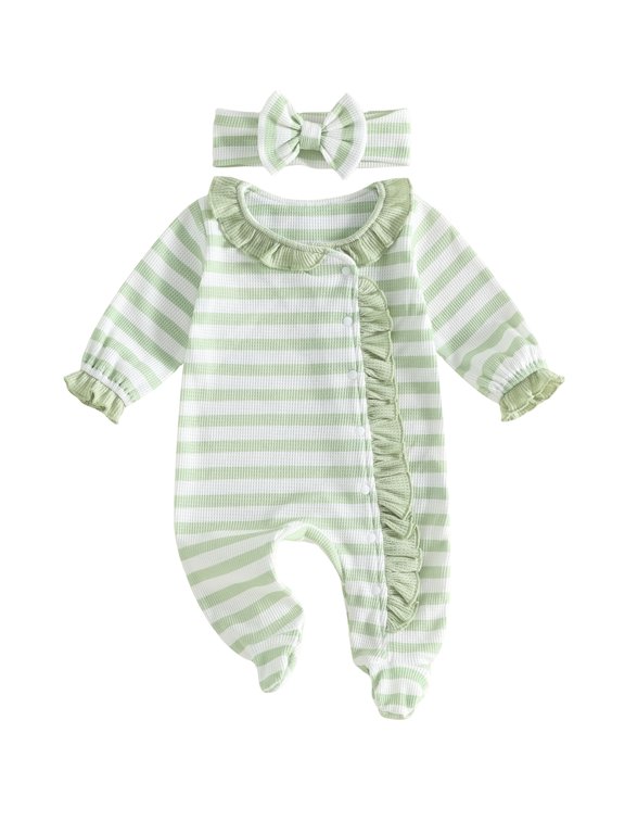 Newborn Baby Girls Footed Romper Long Sleeve Zipper Striped Ruffle Trim Jumpsuit With Headband Infant Cute Coming Home Fall Winter Outfit 0-9 Months