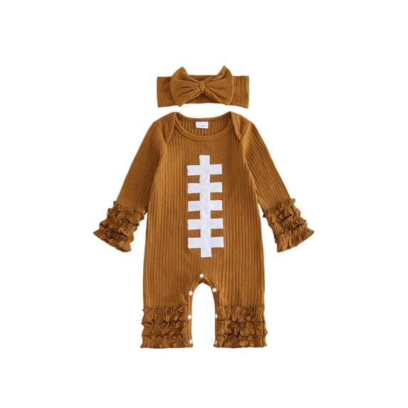 Cjfdfy Newborn Baby Girls Game Day Fall Outfits Football Themed Long Sleeve Ribbed Knit Romper And Headband Infant Cute Football Season Fall Winter Clothes 0-18 Months