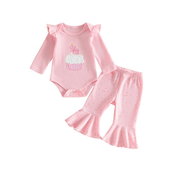 Cjfdfy Newborn Baby Girls Half First Birthday Outfit 1 / 2 Cake Embroidery Long Sleeve Striped Romper With Bell Bottom 1/2 Birthday Girl Clothes 1St Birthday Girl Outfit