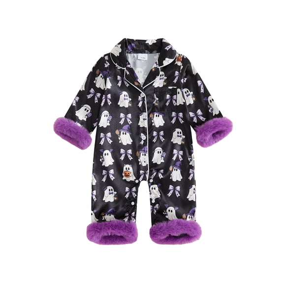 Cjfdfy Newborn Baby Girls Halloween Fall Clothes Halloween Satin Pajamas Ghost Print Collared Fuzzy Trim Long Sleeve Button Romper Cute Infant Baby Girl Halloween Jumpsuit