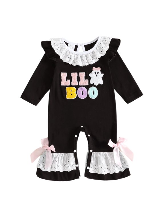 Newborn Baby Girls Halloween Fall Romper Lil Boo Ghost Embroidery Long Sleeve Bell Bottoms Jumpsuit Lace Ruffle Trim Infant Cute My First Halloween Outfit 0-18M