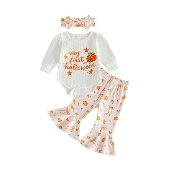 Cjfdfy Newborn Baby Girls Halloween Outfits My First Halloween Letter Pumpkin Ghost Embroidery Long Sleeve Romper And Flared Pants Headband Set Cute Infant Fall Outfit