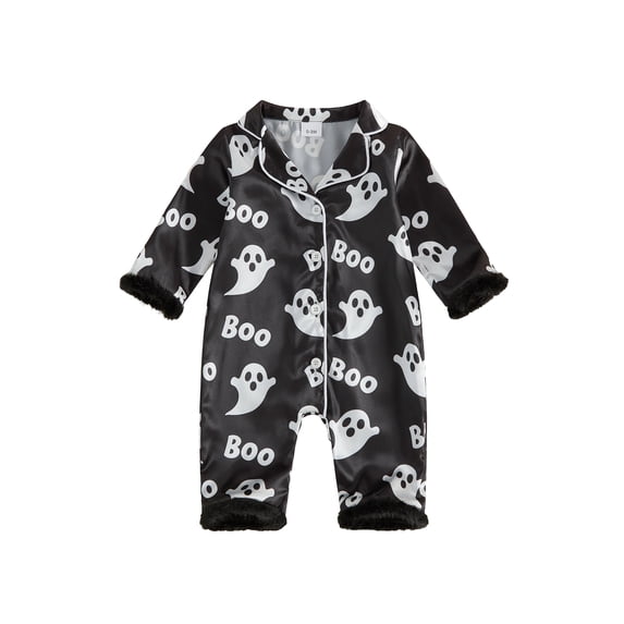 Cjfdfy Newborn Baby Girls Halloween Pajamas Long Sleeve Cartoon Print Fur Trim Toddler Loungewear Cute Ghost Letters Print Pajamas Closure Sleepwear
