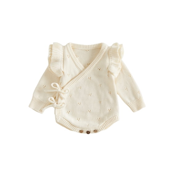 Cjfdfy Newborn Baby Girls Knit Sweater Romper Ruffle Long Sleeve Eyelet Embroidery V Neck Side-tie Jumpsuit Little Baby Cute Sweet Fall Winter Sweater 0-6M