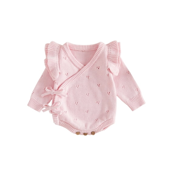 Cjfdfy Newborn Baby Girls Knit Sweater Romper Ruffle Long Sleeve Eyelet Embroidery V Neck Side-tie Jumpsuit Little Baby Cute Sweet Fall Winter Sweater 0-6M