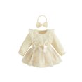 thumbnail image 1 of Cjfdfy Newborn Baby Girls Lace Dress Fall Clothes Bodysuit Ruffle Long Sleeve Floral Lace Romper Dress And Bow Headband Infant Cute Coming Home Outfit Fall Winter Outfit 0-18 Months, 1 of 9