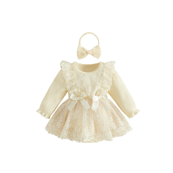 Cjfdfy Newborn Baby Girls Lace Dress Fall Clothes Bodysuit Ruffle Long Sleeve Floral Lace Romper Dress And Bow Headband Infant Cute Coming Home Outfit Fall Winter Outfit 0-18 Months