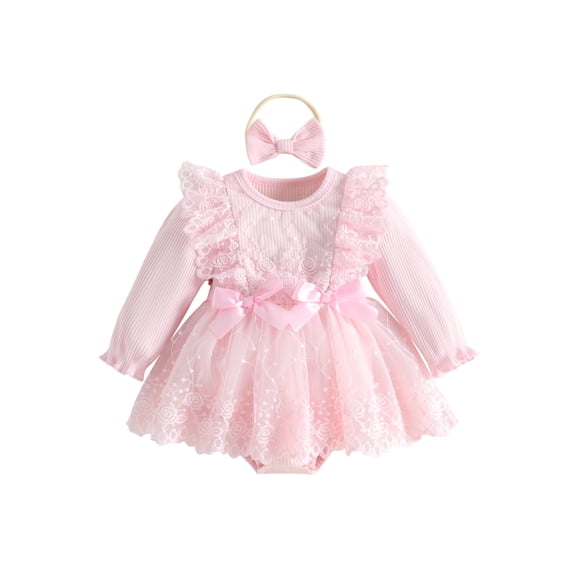 Cjfdfy Newborn Baby Girls Lace Dress Fall Clothes Bodysuit Ruffle Long Sleeve Floral Lace Romper Dress And Bow Headband Infant Cute Coming Home Outfit Fall Winter Outfit 0-18 Months
