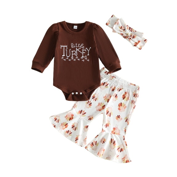 Cjfdfy Newborn Baby Girls Thanksgiving Outfits Little Turkey Print Long Sleeve Romper Flared Pants Headband Infant Cute My First Thanksgiving Fall Winter Clothes 0-18M