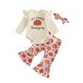 thumbnail image 1 of Cjfdfy Newborn Baby Girls Thanksgiving Outfits Turkey Or Homemade Rolls Embroidery Ribbed Romper And Flare Pants Headband Cute My First Thanksgiving Fall Holiday Clothes, 1 of 9